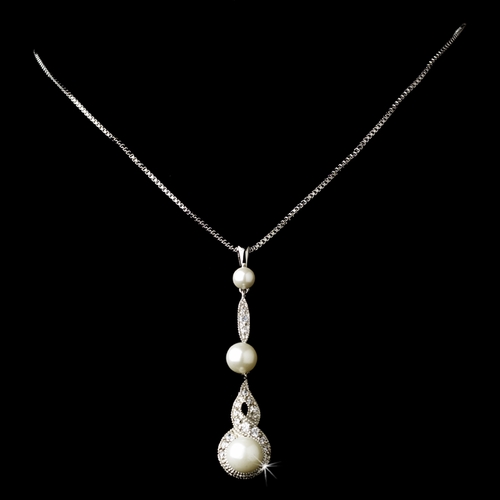 Silver Clear CZ & White Pearl Drop Necklace 