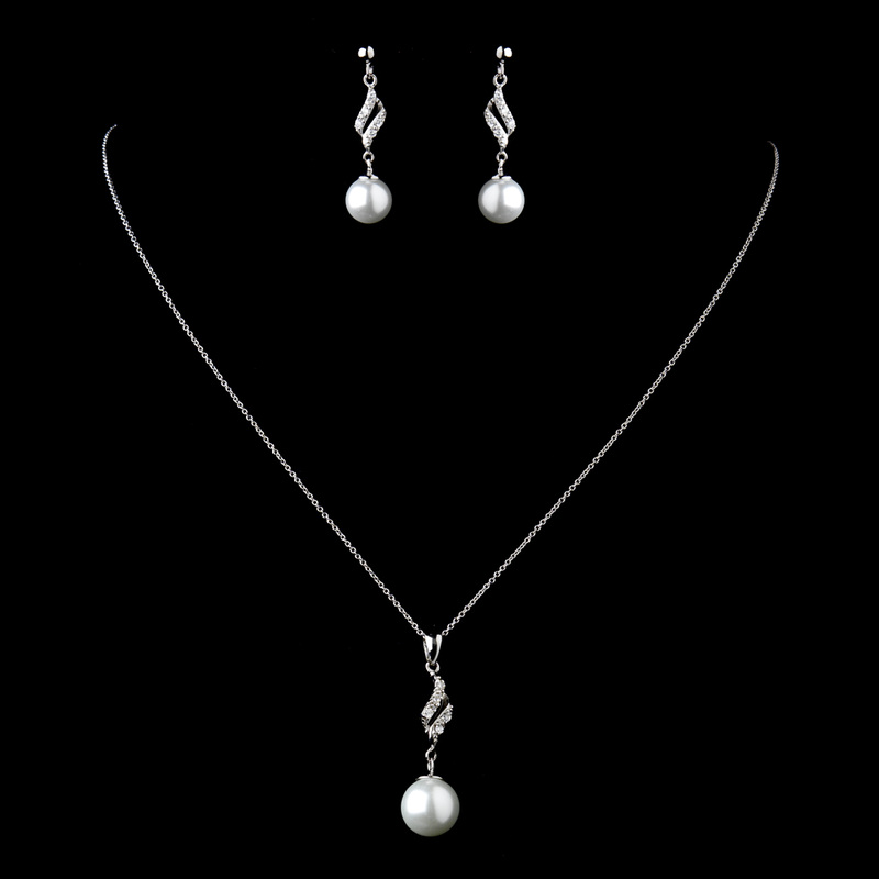 Solid 925 Sterling Silver CZ Crystal & Diamond White Pearl Necklace & Earrings Set