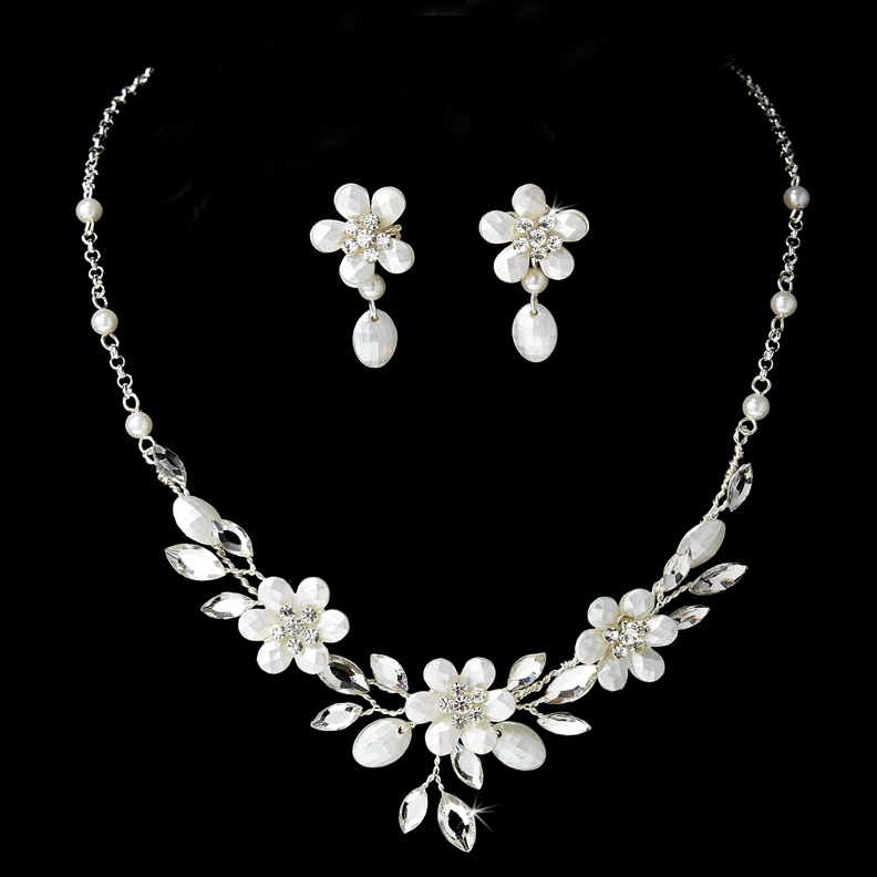 White Faux Pearl Crystal Silver Floral  Jewelry Set