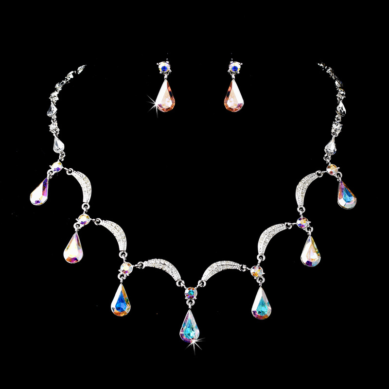 Silver Aurora Borealis Necklace Earring Set 