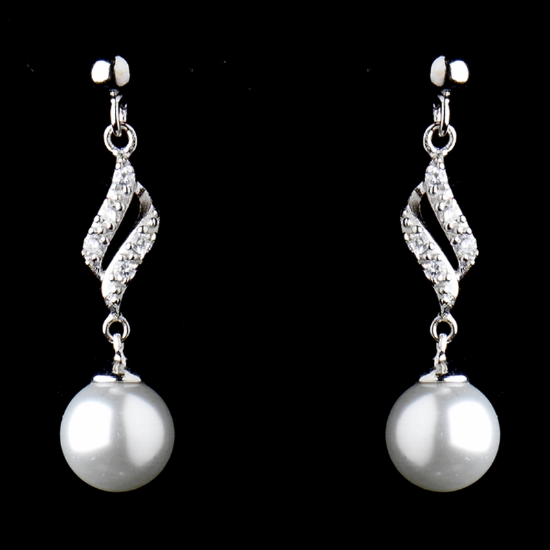 Solid 925 Sterling Silver CZ Crystal & Diamond White Pearl Earrings