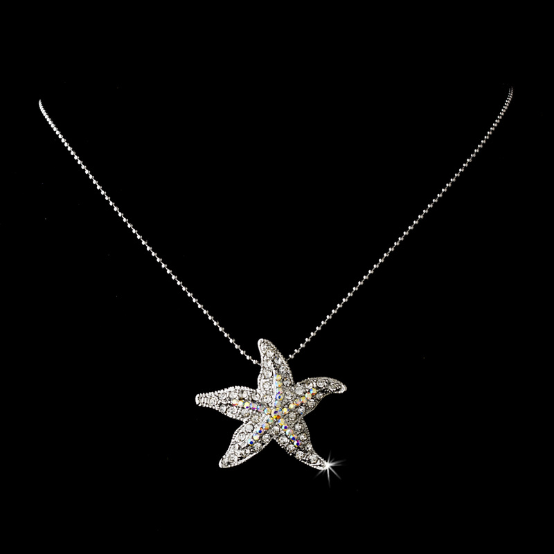 Silver Clear Crystal Starfish Necklace 