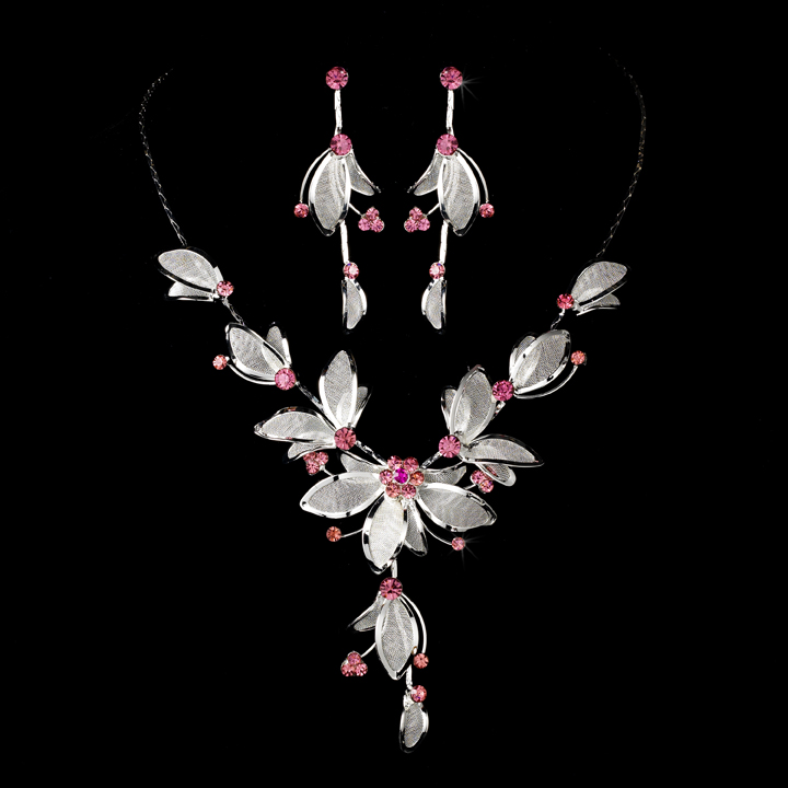 Silver Plated Floral Pink Necklace & Earring Set