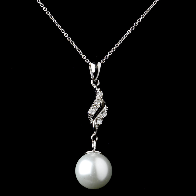 Solid 925 Sterling Silver CZ Crystal & Diamond White Pearl Necklace & Earrings