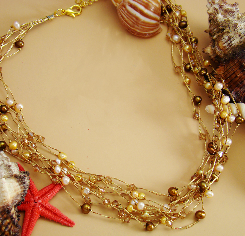Freshwater Multi Colored Brown Pearl & Genuine Austrian Crystal Necklace