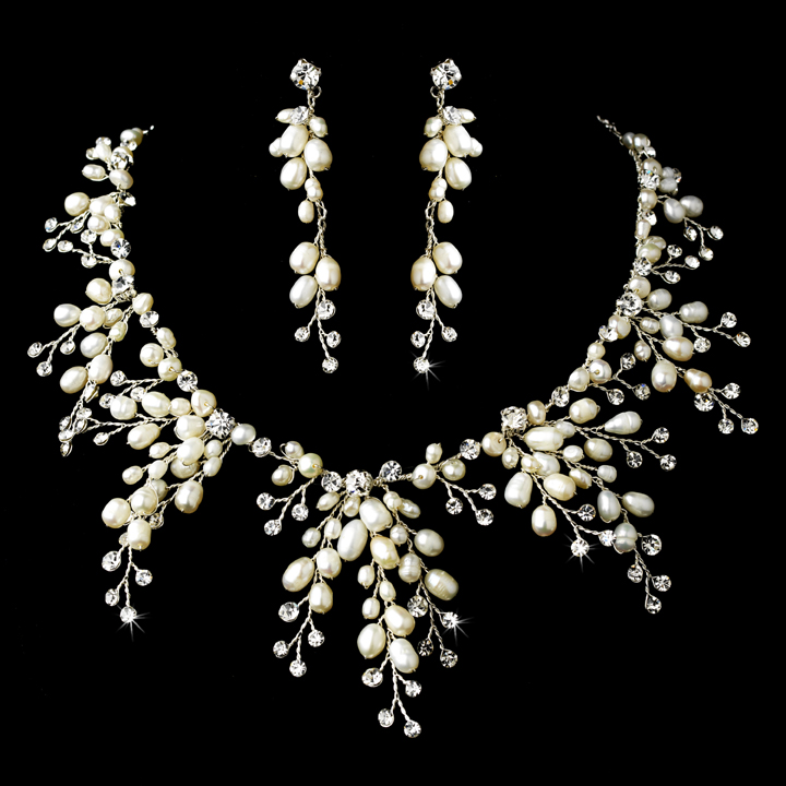 Silver Clear Crystal & Ivory Freshwater Pearl Necklace & Earring Set