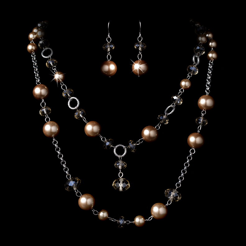 tan faux pearl Swarovski crystal double strand necklace