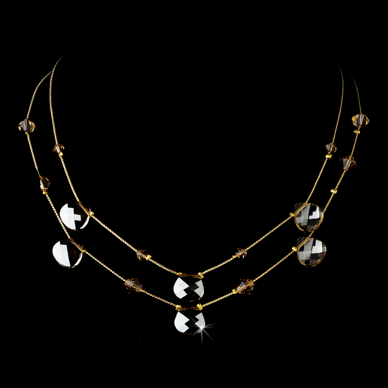 Gold Plated Light Brown Swarovski Crystal Double Strand Necklace