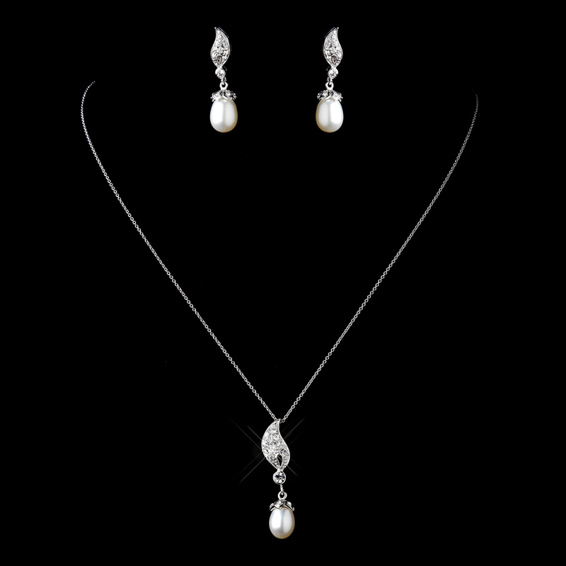 Solid 925 Sterling Silver CZ Crystal & Freshwater Pearl Drop Necklace & Earrings Set