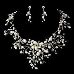 Silver Clear Austrian Crystal & Ivory Freshwater Pearl Necklace Set
